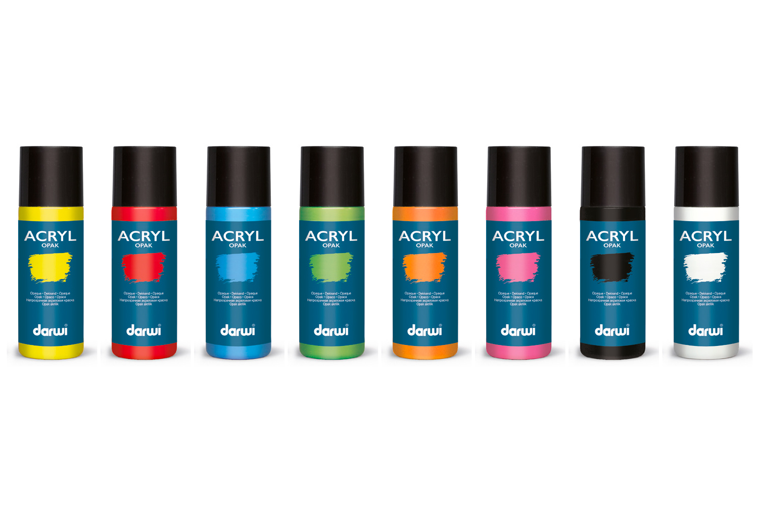 Peinture acrylique mate 80 ml -  8 couleurs de base : jaune, rouge, bleu clair, vert clair, orange, rose, noir, blanc