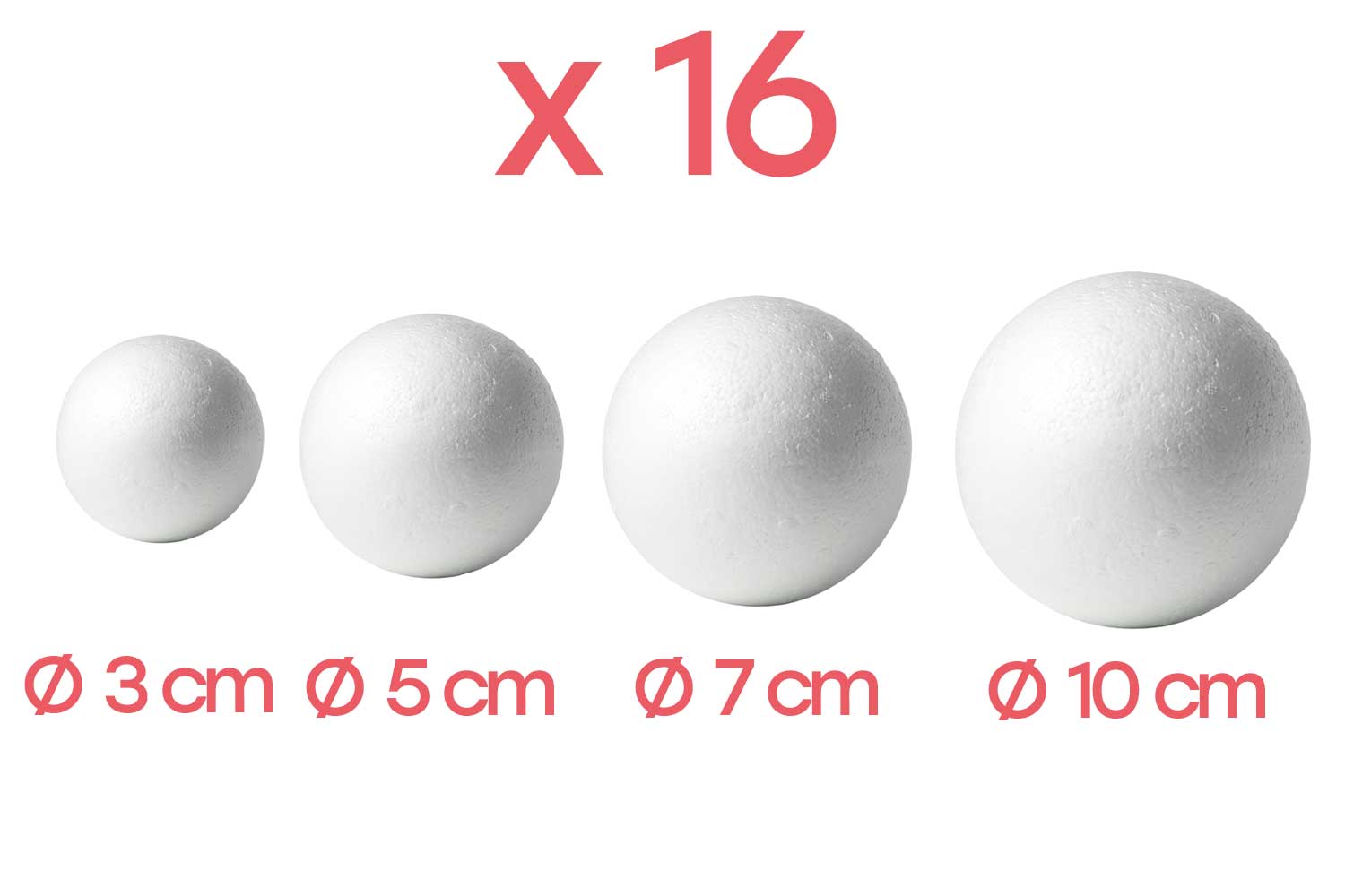 Boules en polystyrène Ø 3, 5, 7 et 10 cm - Set de 16 (4 boules par taille)