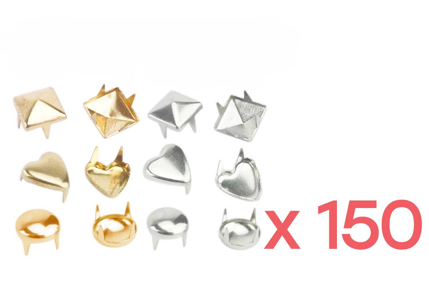 Clous formes assorties ( pyramides, ronds,  coeurs) or et argent - 8 lots (150 clous)