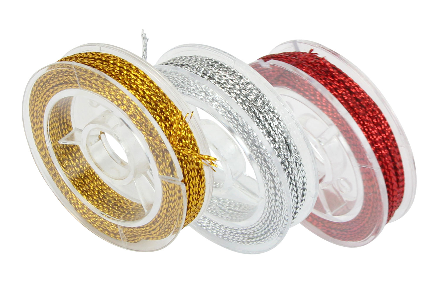 Cordons polyester métallisés - Set de 3 bobines : argent, or, rouge