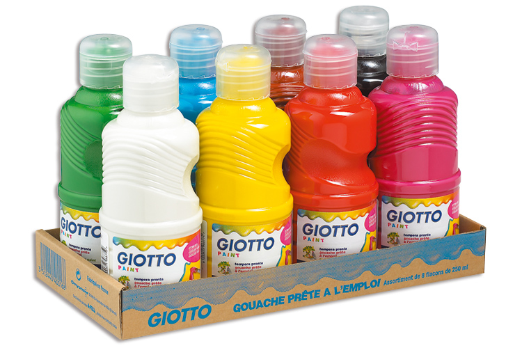Gouache Giotto : Set de 8 flacons de 250 ml, couleurs assorties