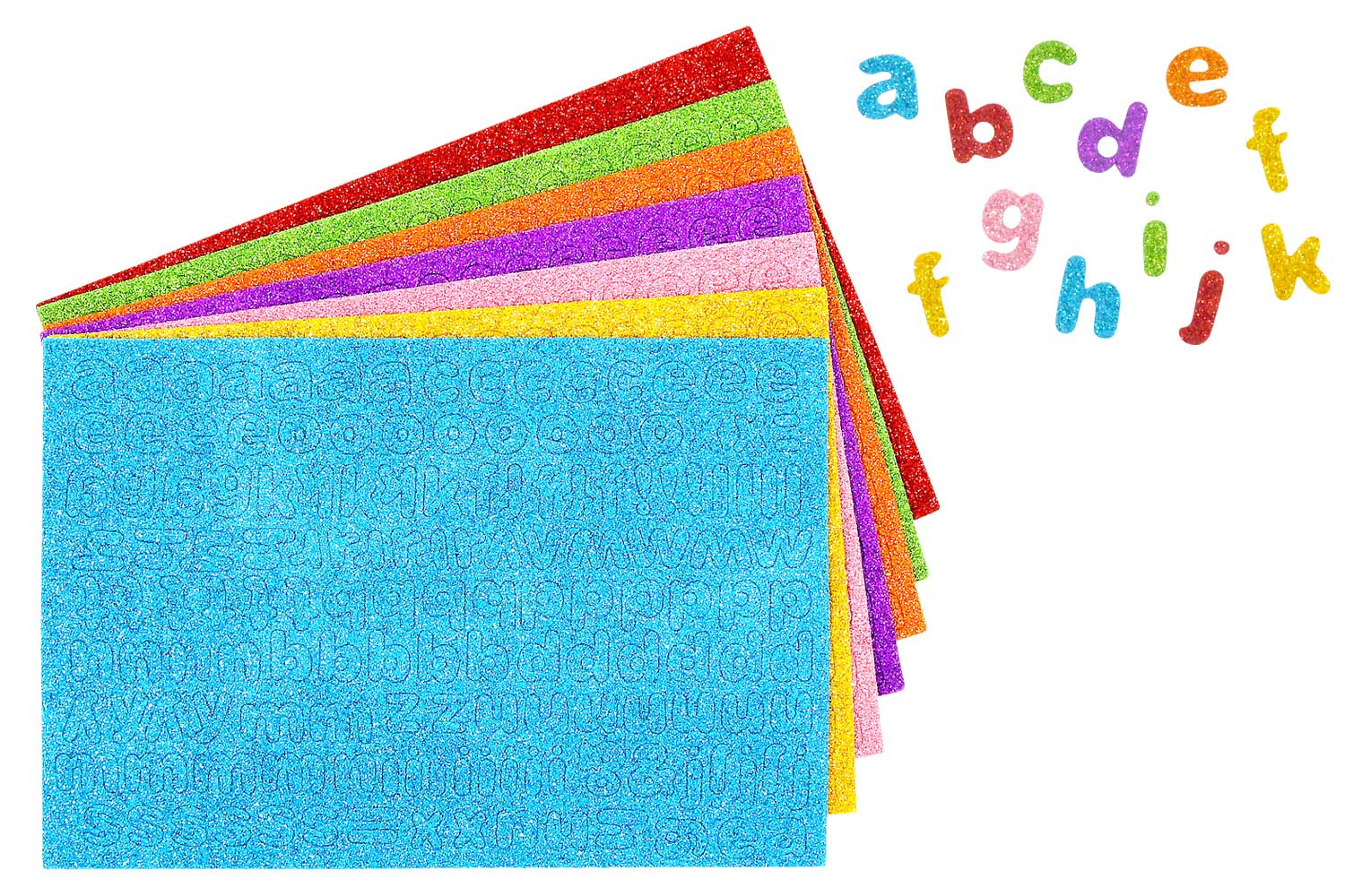 Lettres adhésives en caoutchouc - 7 planches couleurs pailletées