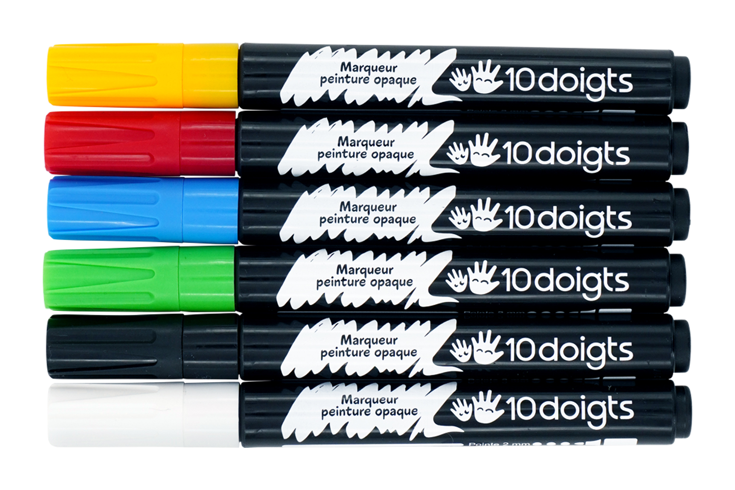 Marqueurs peinture opaque - 6 couleurs classiques (bleu clair, vert clair, jaune, rouge, blanc, noir)