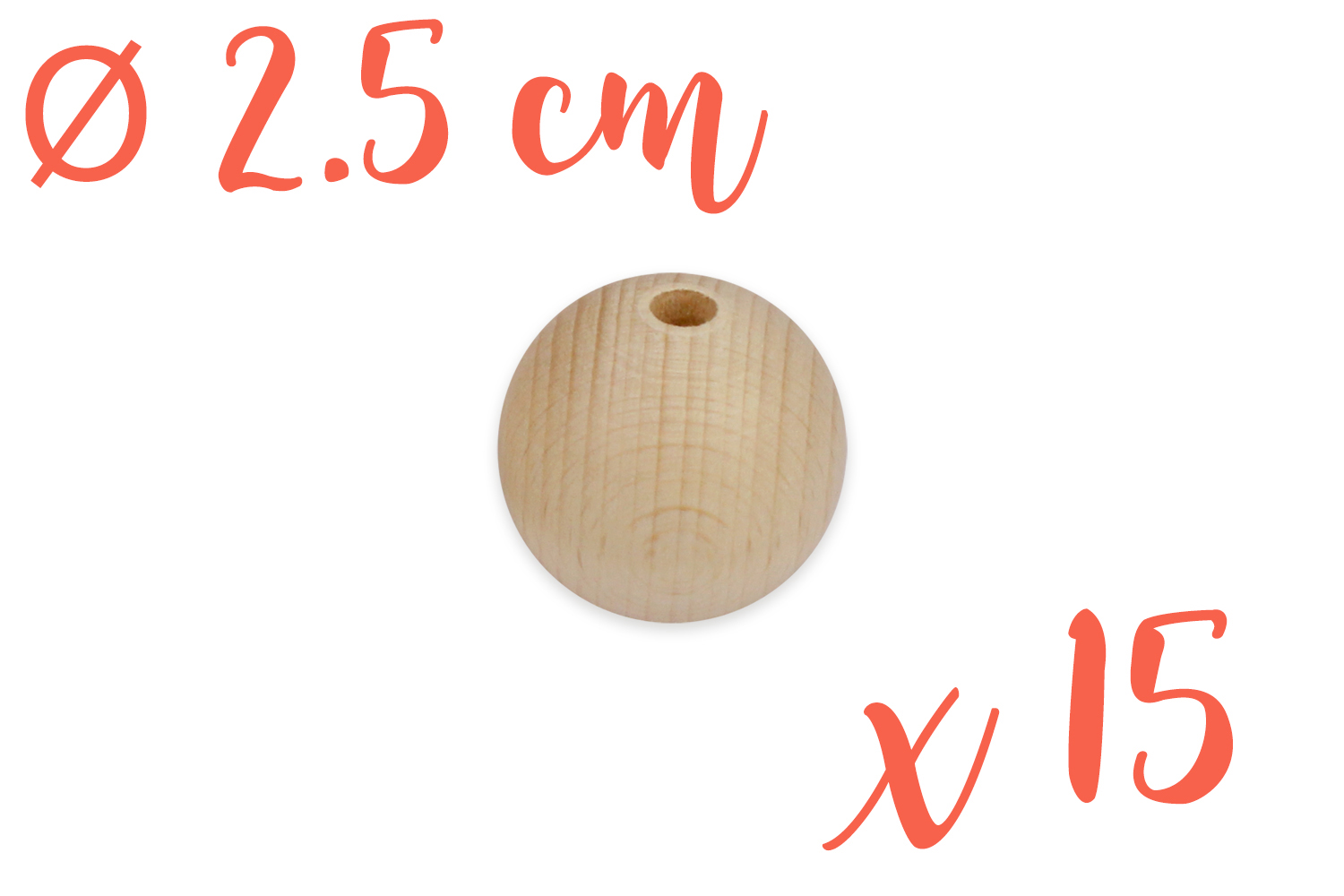 Perles bois 2,5 cm / Ø trou 6 mm - 15 perles