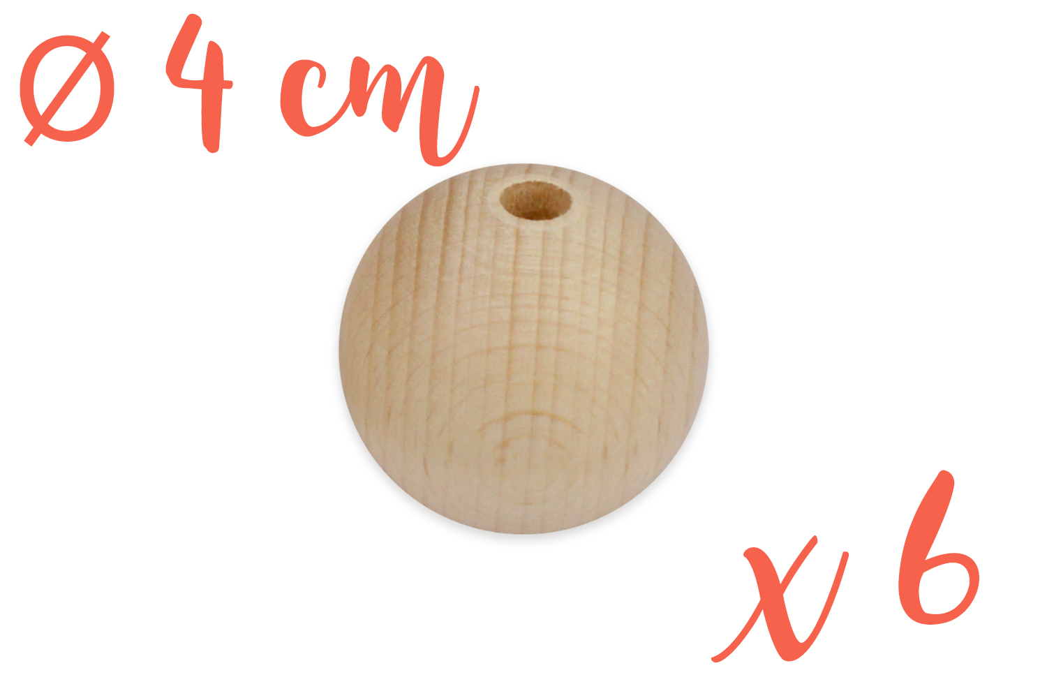 Perles bois 4 cm / Ø trou 7 mm - 6 perles