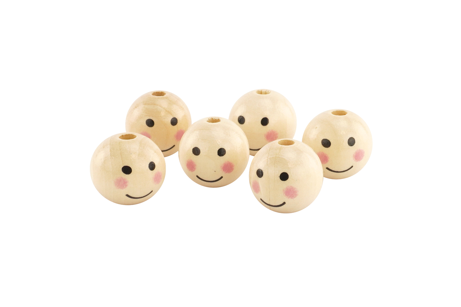 Perles en bois visages Ø 2.5 cm - trou 5 mm - 6 pièces