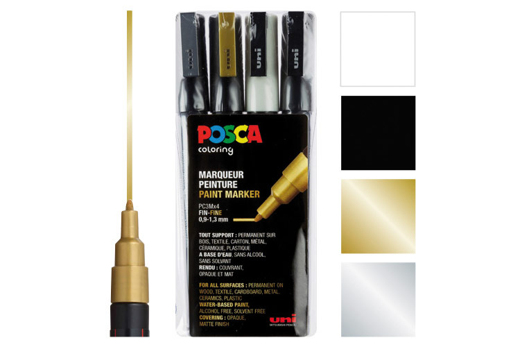 Marqueurs Posca Pointes fines - 4 couleurs - noir, blanc, or, argent
