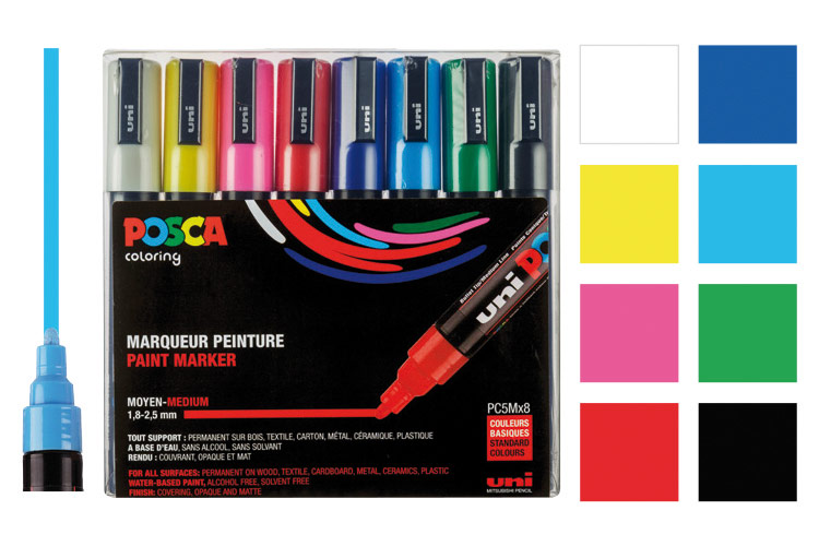 Posca PC5M pointe ogive moyenne (1,8 à 2,5 mm) - 8 couleurs vives
