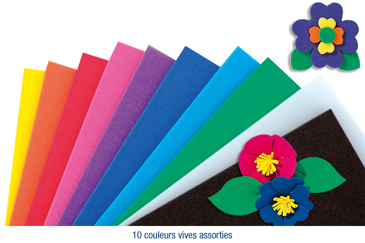 Caoutchouc mousse 20 x 30 cm, 10 feuilles couleurs vives