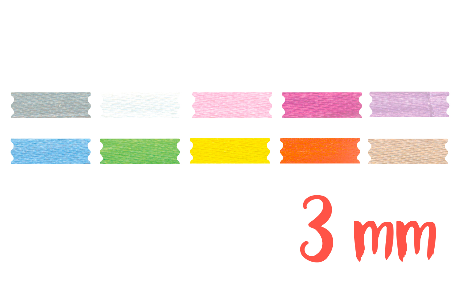 Rubans en satin (largeur 3 mm), 10 couleurs - 3 mètres/couleur, soit 30 mètres au total
