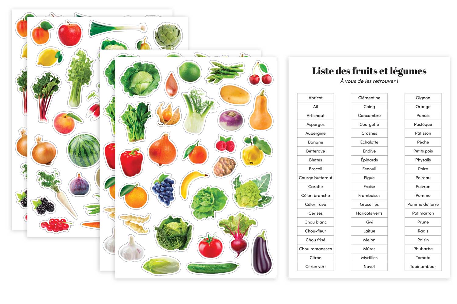 6 planches de gommettes fruits, légumes et liste des noms