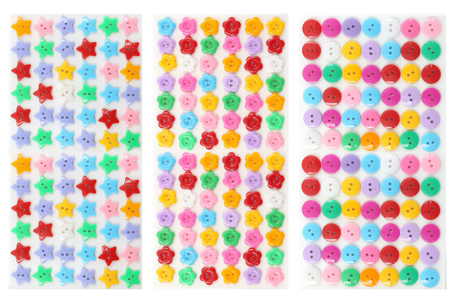 Boutons adhésifs formes assorties (ronds, étoiles, fleurs) - 300 pièces