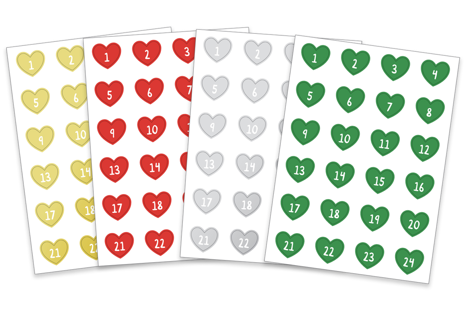 Stickers cœurs Calendrier de l'Avent - Set de 96 gommettes