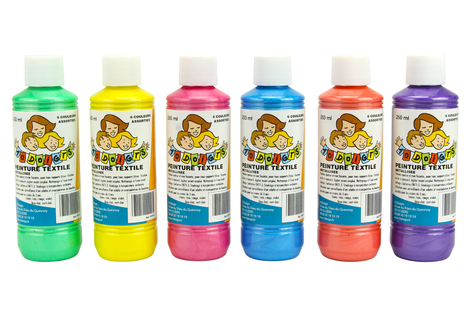Peinture textile, flacon de 250 ml - 6 couleurs nacrées