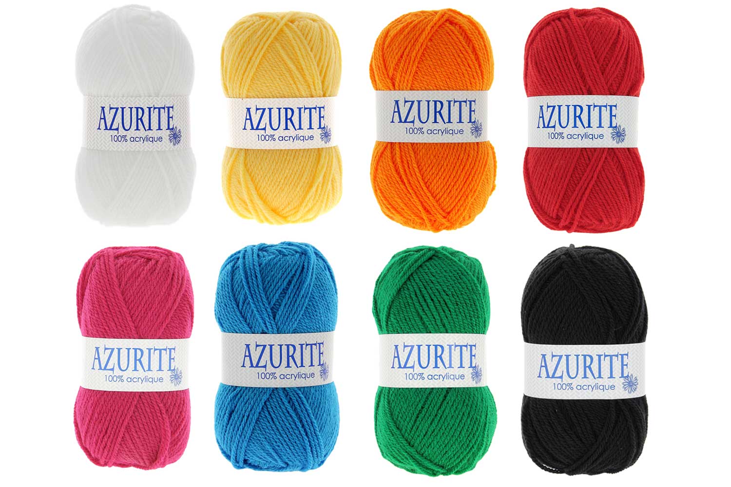 Pelotes Azurite 100 % acrylique - 8 couleurs (blanc, jaune, orange, rouge, fuchsia, bleu, vert et noir)