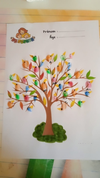 Création d'oiseaux sur un arbres avec l'empreinte des doigts de ma fille - Peinture - 10doigts.fr