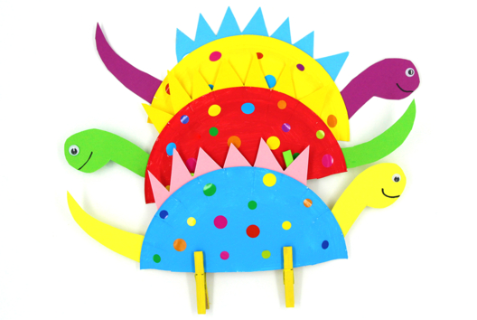 Dinosaure multicolore avec une assiette en carton - Tutos Collage, pliage - 10doigts.fr