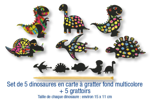 Set de 5 dinosaures en carte à gratter + 5 grattoirs - Tutos Arc-en-ciel - 10doigts.fr