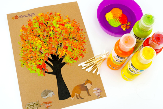 Peinture au coton-tige - arbre d'automne - Activités manuelles Automne - 10doigts.fr