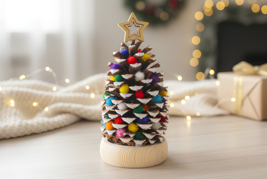 sapin pomme de pin pompons noël DIY - Activités manuelles bricolages de Noël - 10doigts.fr