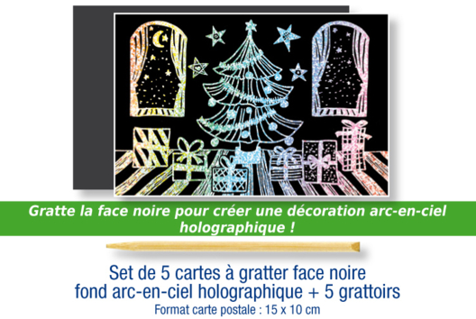 Set de 5 cartes à gratter face noire fond arc en ciel holographique + 5 grattoirs - Tutos Arc-en-ciel – 10doigts.fr - 2