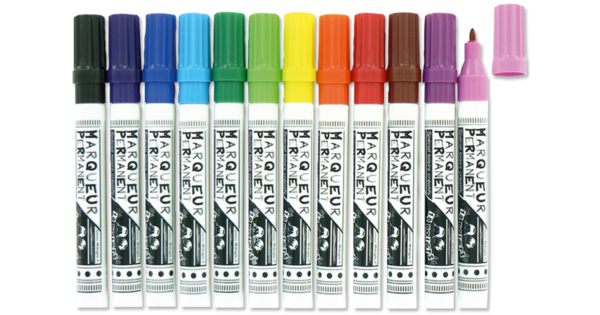 12 Feutres marqueurs couleurs permanents pour personnalisation bois,  plastique, carton
