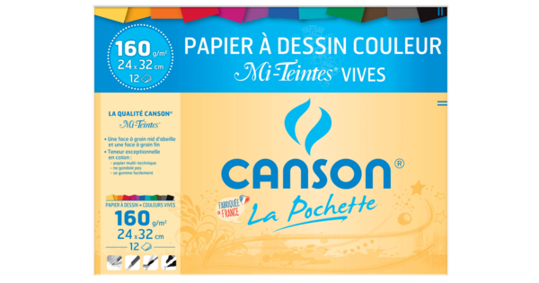Canson pochette papier dessin couleur vives 24x32cm 160g 12
