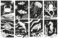 Coloriages velours animaux de la mer - 8 motifs - Supports pré-dessinés - 10doigts.fr