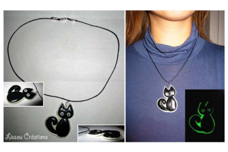 Collier chat noir phosphorescent - Fimo, Cernit - 10doigts.fr