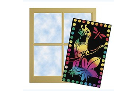 Set de 4 cartes à gratter face noire fond vitrail + 1 grattoir en bois - 10doigts.fr