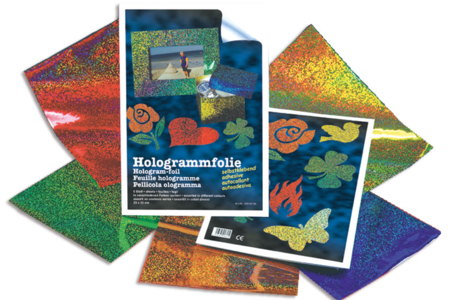 Set de 5 films holographiques auto-adhésif simple-face, assortis dans 5 effets colorés : jaune, Or, rouge Noël, vert Noël, bleu - 10doigts.fr