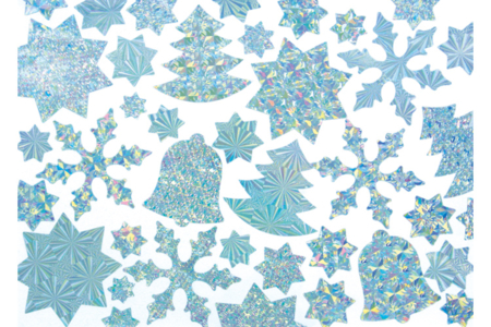 Set de 75 stickers de fêtes holographiques argentés : cloches, sapins, flocons, étoiles  - 10doigts.fr