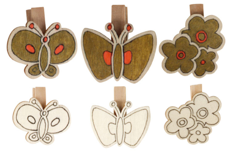 Pinces fleurs et papillons en bois naturel à colorier - Set de 6 - 10doigts.fr
