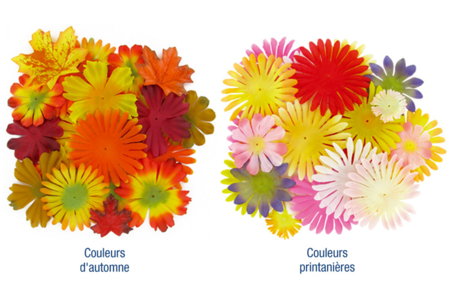 Set de 30 fleurs en soie couleurs d'automne ou printanières, tailles assorties 5 à 10 cm - 10doigts.fr