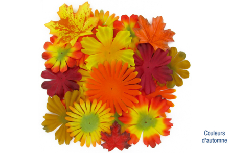 Set de 30 fleurs en soie couleurs d'automne ou printanières, tailles assorties 5 à 10 cm - 10doigts.fr