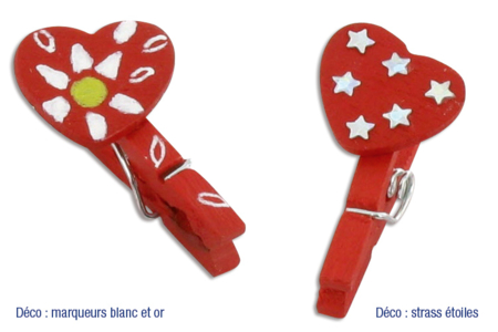 Set de 12 mini-pinces à linge cœurs rouges à décorer - 10doigts.fr