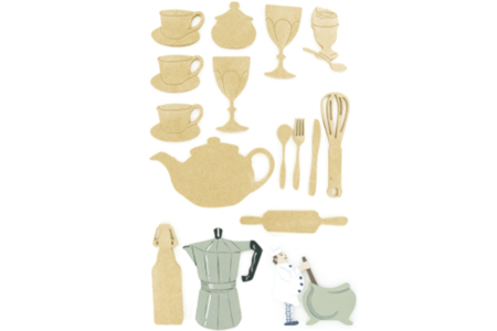 Set de 16 motifs décoratifs plats en bois médium (MDF) à décorer : Cuisine - 10doigts.fr