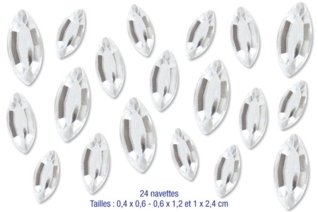 Set de 24 strass navettes cristal, tailles assorties : 0,6 - 1,2 et 2,4 cm - 10doigts.fr