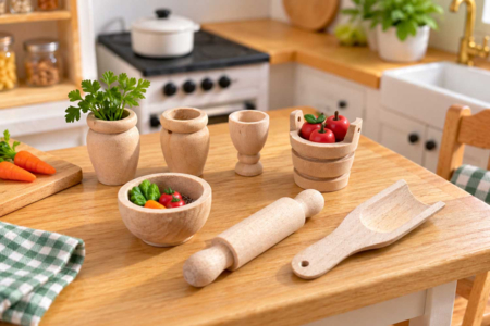8 ustensiles cuisine miniatures bois  - Univers Miniature : maison de poupée et miniatures – 10doigts.fr