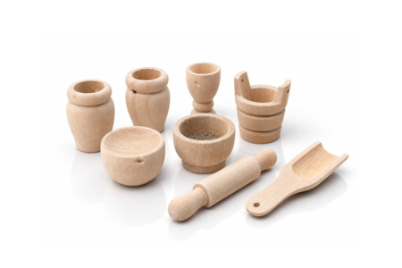 8 ustensiles de cuisine miniatures en bois brut - Univers Miniature : maison de poupée et miniatures – 10doigts.fr