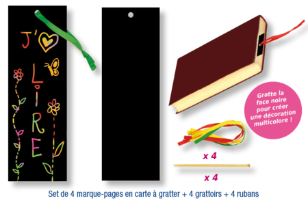 Set de 4 marque-pages en carte à gratter + 4 grattoirs + 4 rubans satin - Tutos Arc-en-ciel – 10doigts.fr