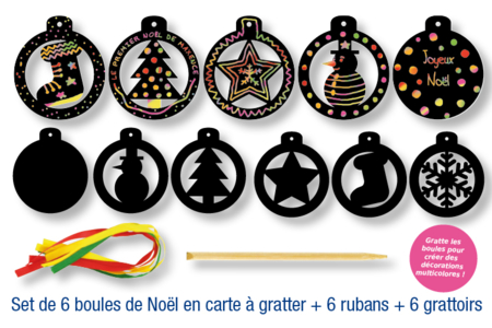 Set de 6 boules de Noël en carte à gratter + 6 grattoirs + 6 rubans satin - Arc-en-ciel – 10doigts.fr