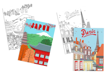 Affiches à colorier thème voyages, format A4  - 6 pcs - Coloriage – 10doigts.fr