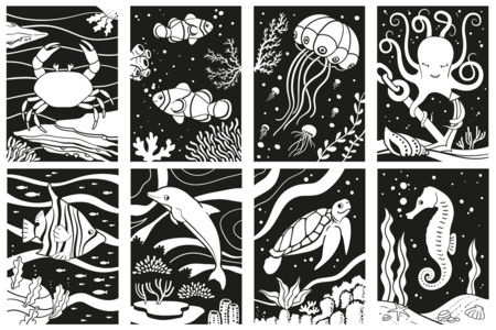Coloriages velours animaux de la mer - 8 motifs - Supports pré-dessinés – 10doigts.fr