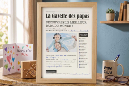 Gazette Papa + son cadre en bois - Kits créatifs Fête des Pères : des coffrets tout-en-un pour papa – 10doigts.fr