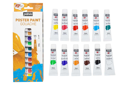 Gouache fine Pébéo - 12 pièces - Peinture gouache liquide : des couleurs vives qui s'enlèvent à l'eau – 10doigts.fr