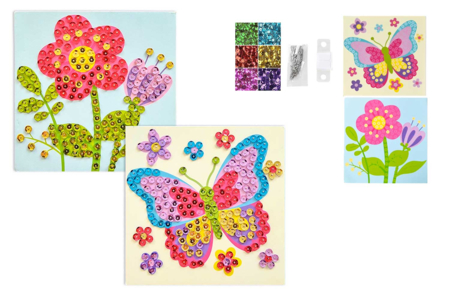 Kit tableaux sequins fleur et papillon 15 x 15 cm - Kits clés en main – 10doigts.fr