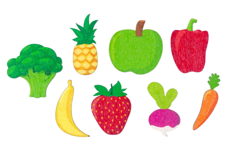 Motifs fruits et légumes en bois décoré - 8 pièces - Motifs peints – 10doigts.fr