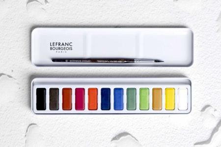 Palette 12 godets aquarelle étude Lefranc Bourgeois, boîte métal et pinceau petit-gris - Couleurs aquarelle – 10doigts.fr