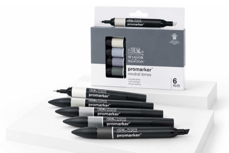Promarker tons neutres Winsor & Newton - 6 marqueurs à alcool - Feutres à alcool : des couleurs intenses et des dégradés sans traces – 10doigts.fr